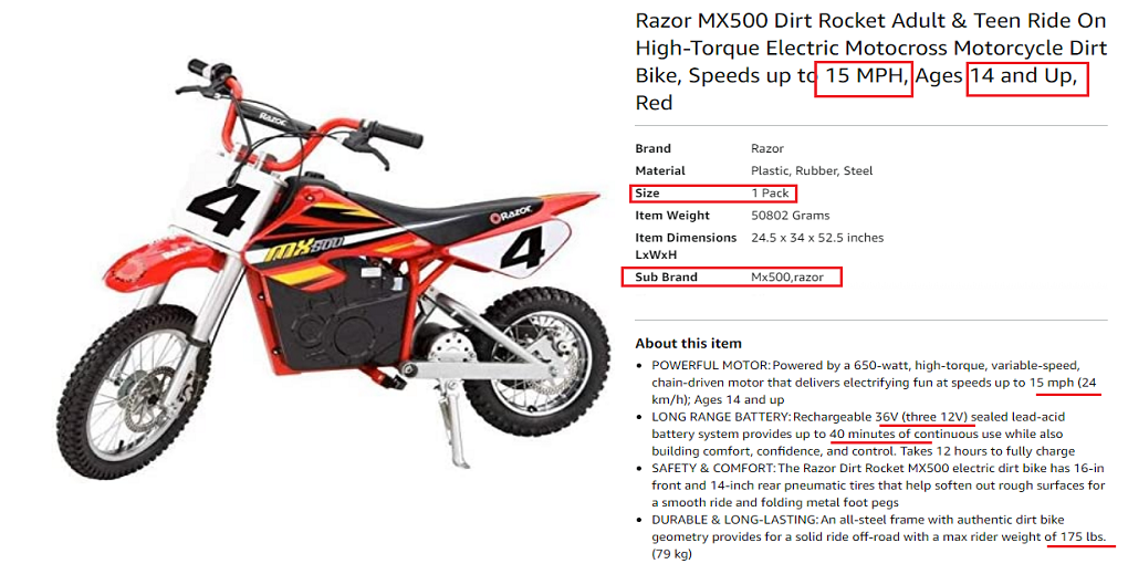Razor MX500 Dirt Rocket Adult Teen Ride On High Torque Electric Motocross