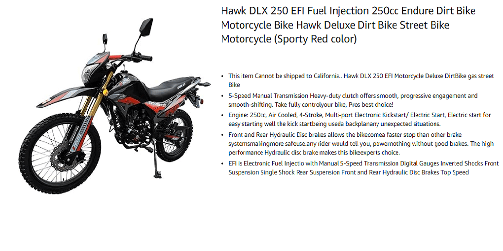 Hawk DLX 250 EFI Fuel Injection 250cc Endure Dirt Bike